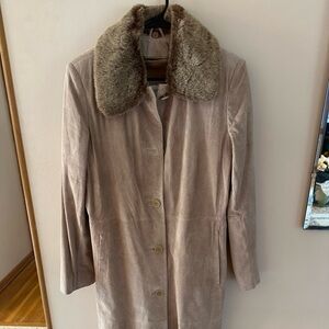 Liz Claiborne Taupe Suede Trench Coat with Fur Collar